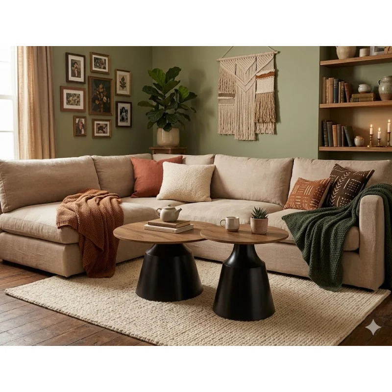 Coffee table Itaka Wood set 2 pieces metal base & wooden top 130x70cm