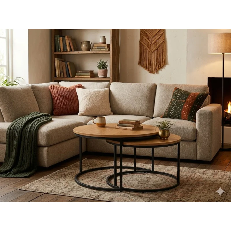 Coffee table Atlanta set/2 pieces wooden top metal base 80-140 x 80cm