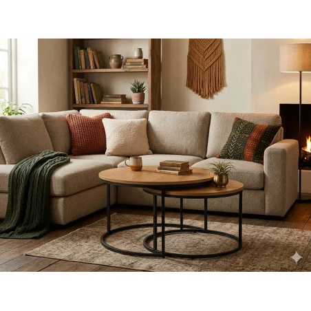 Coffee table Atlanta set/2 pieces wooden top metal base 80-140 x 80cm