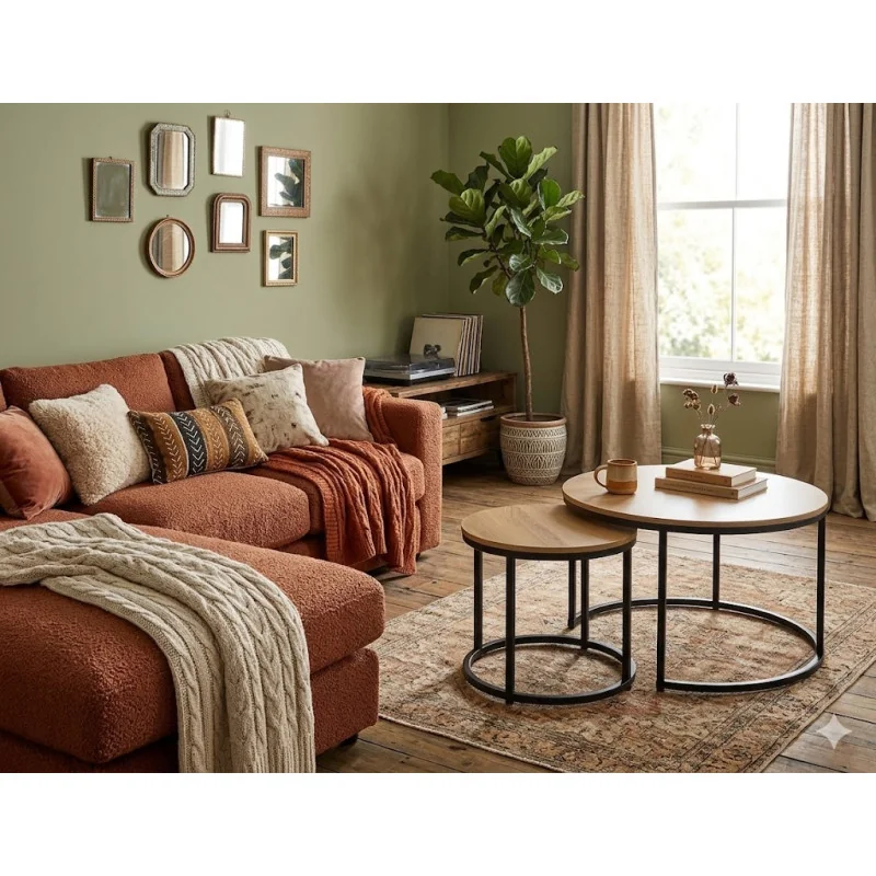 Coffee table Dion set/2 pieces wooden top metal base 80-130 x 80cm