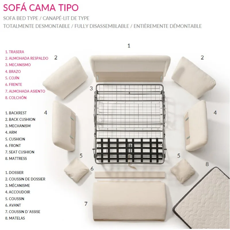 Sofa bed DENNIS fabric of your choice with mattress 140 - 160 x 200cm