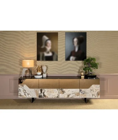 Sideboard Canova black with mirror and pocelain doors 180-240x46x75cm
