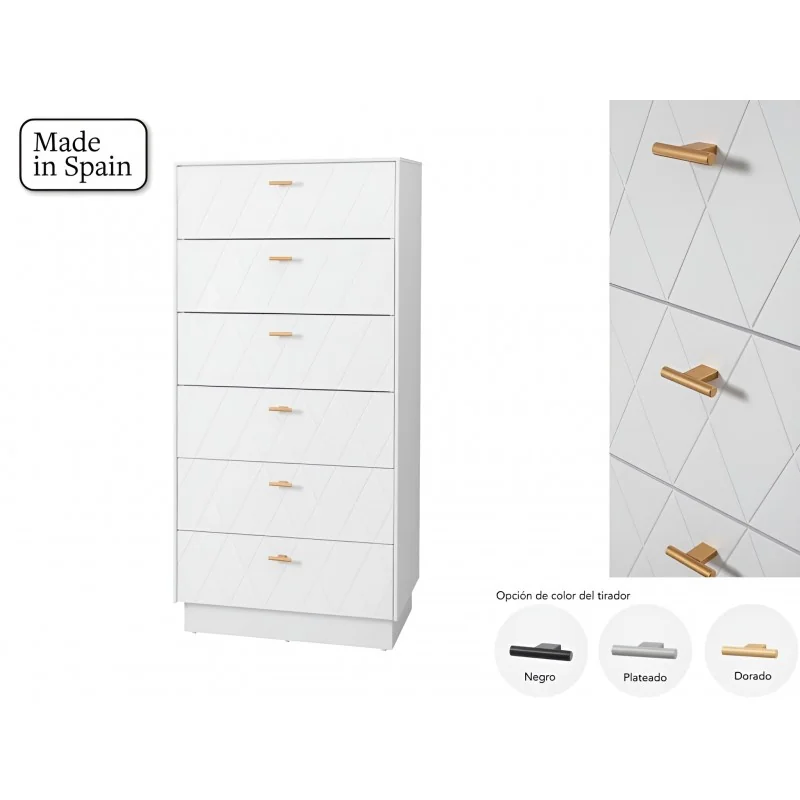 Dresser Diamond high lacquered white with six drawers 62 x 42 x 111cm