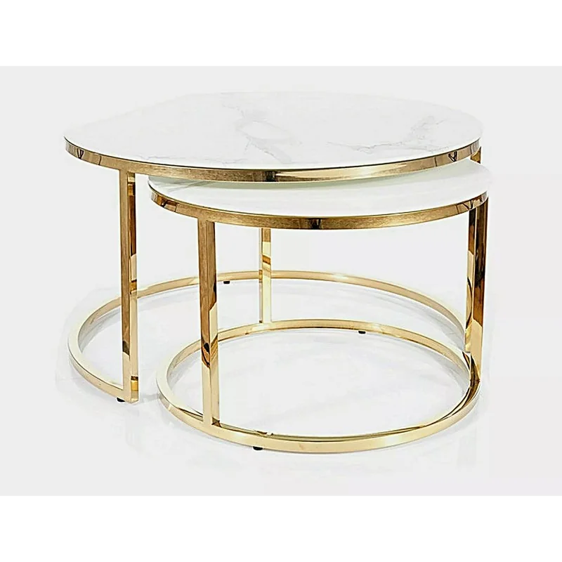 Coffee table Muse white glass marble effect set 2 pieces 80-140 x 80cm