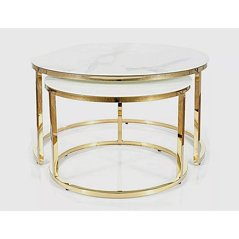 Coffee table Muse white glass marble effect set 2 pieces 80-140 x 80cm