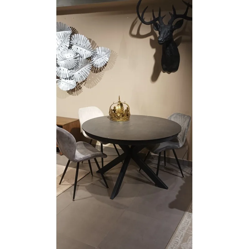 Extendable Round Dining Table Porto ceramic grey top ⌀120(160)x120cm