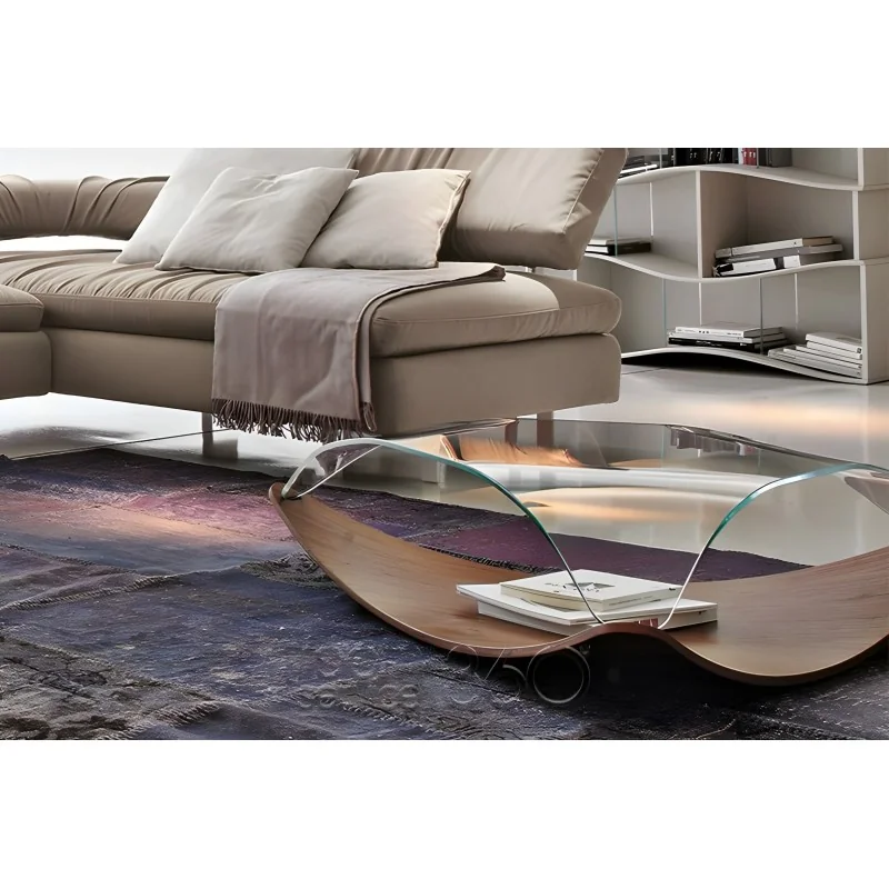 Coffee table Quiet of walnut wood and curved crystal top 106 x 106cm
